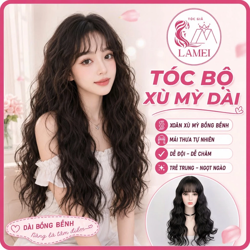 Tóc giả nữ đẹp nguyên đầu xù dài chất sợi tơ cao cấp tặng wig đội tóc 8040