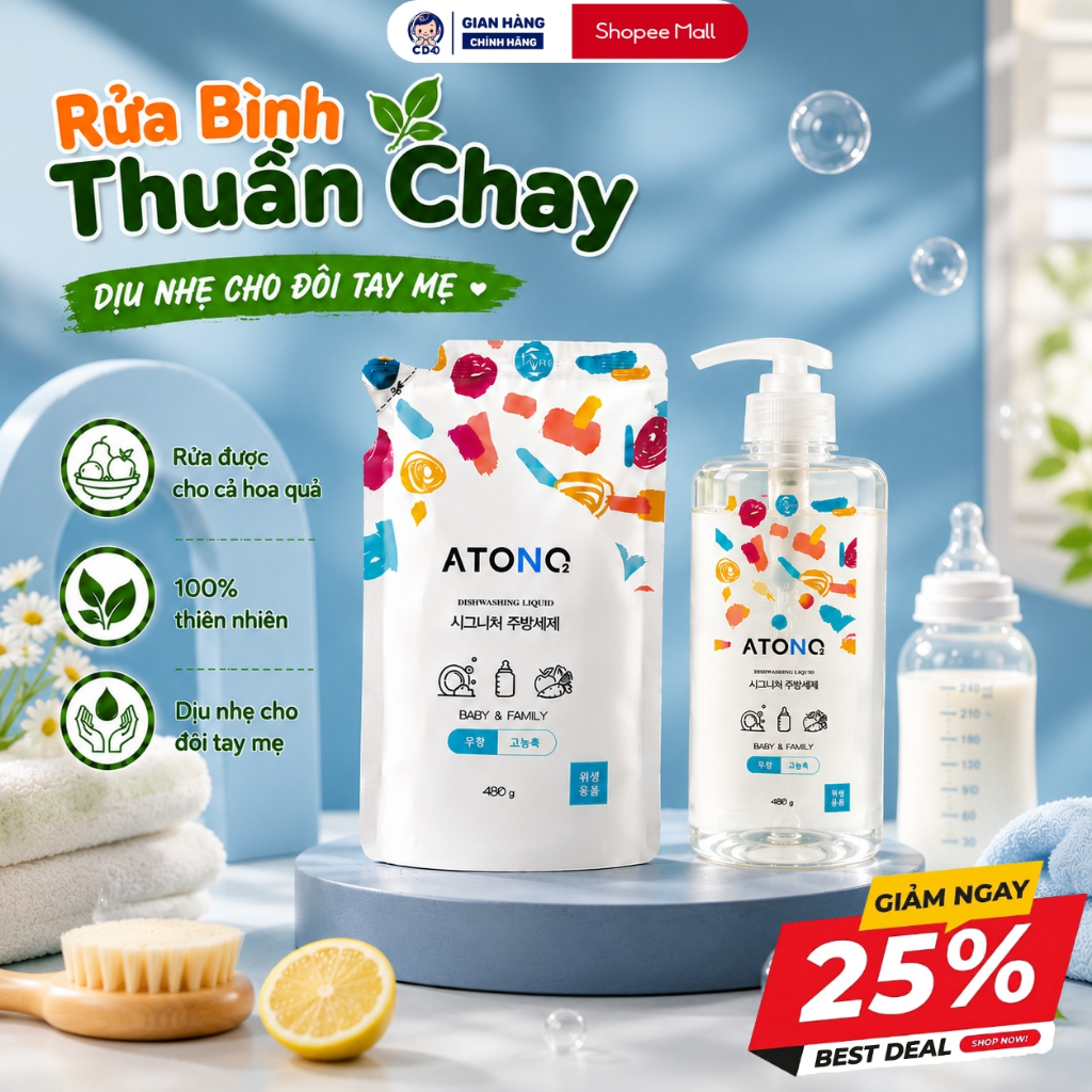 Nước rửa bình sữa, chén bát đậm đặc thuần chay ATONO2 Hàn Quốc, nước rửa rau…