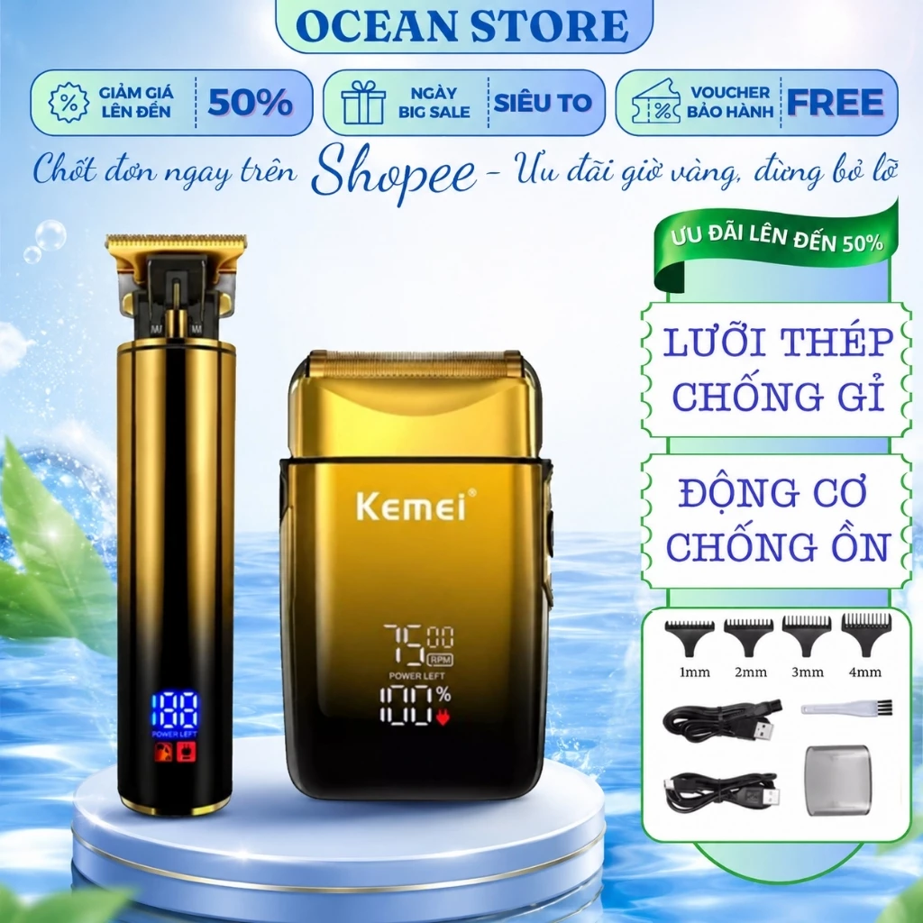 Tông Đơ Cắt Tóc Chính Hãng Kemei 2131, Bộ Sản Phẩm 2in1 Tông Đơ Chấn Viền Cùng Máy Cạo Râu Cao Cấp
