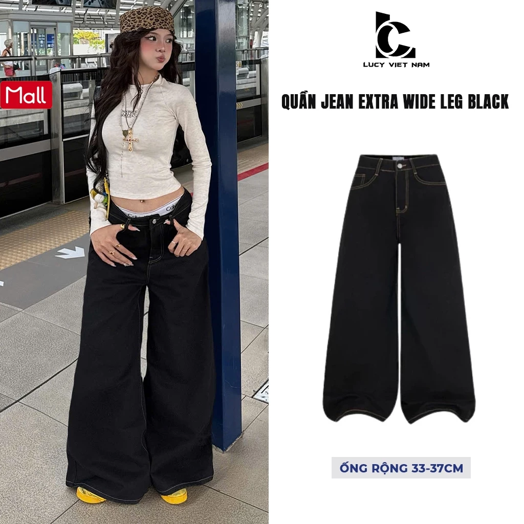 Quần Jean Nữ Ống Siêu Rộng Đen Chỉ Nổi 33-37cm AVO AVOCADO Wide Leg Jeans Streetwear Vintage Y2K Basic