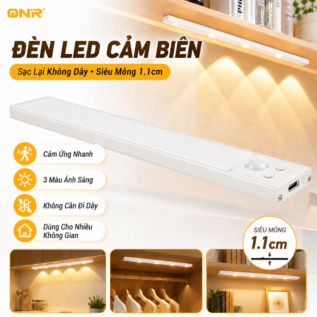 ONR-Đèn LED Cảm Biến Chuyển Động 3 Màu, Tự Động Sáng, Dán Tủ Quần Áo Phòng Ngủ