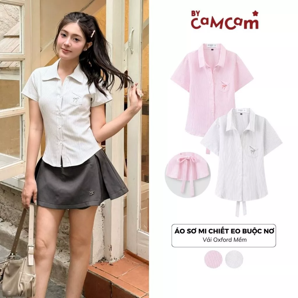 Áo Sơ Mi Chiết Eo 𝑩𝒚𝒄𝒂𝒎𝒄𝒂𝒎 Buộc Nơ Có Túi Ngực Dành Cho Nữ Phong Cách Hàn Quốc AMN004