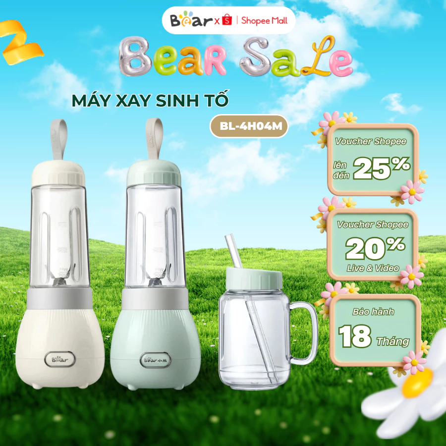 Máy xay sinh tố cầm tay mini 0.4L đa năng Bear BL-4H04M, 150W, 2 cối nhựa, ít ồn, Bảo Hành 18 Tháng