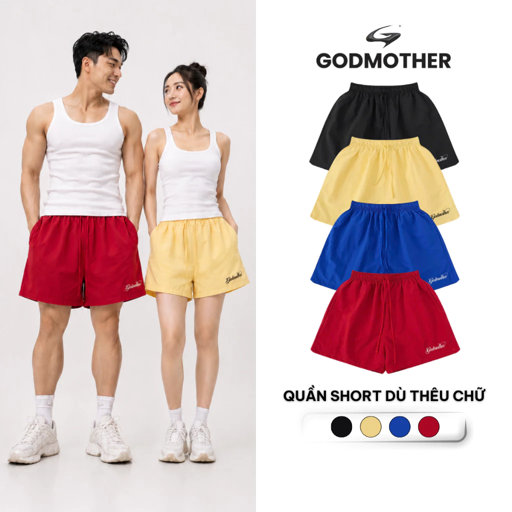 Quần Short Dù Thêu Chữ GODMOTHER Quần Đùi Cạp Chun Vải Gió Dù Họa Tiết Thêu Phong Cách Thể Thao