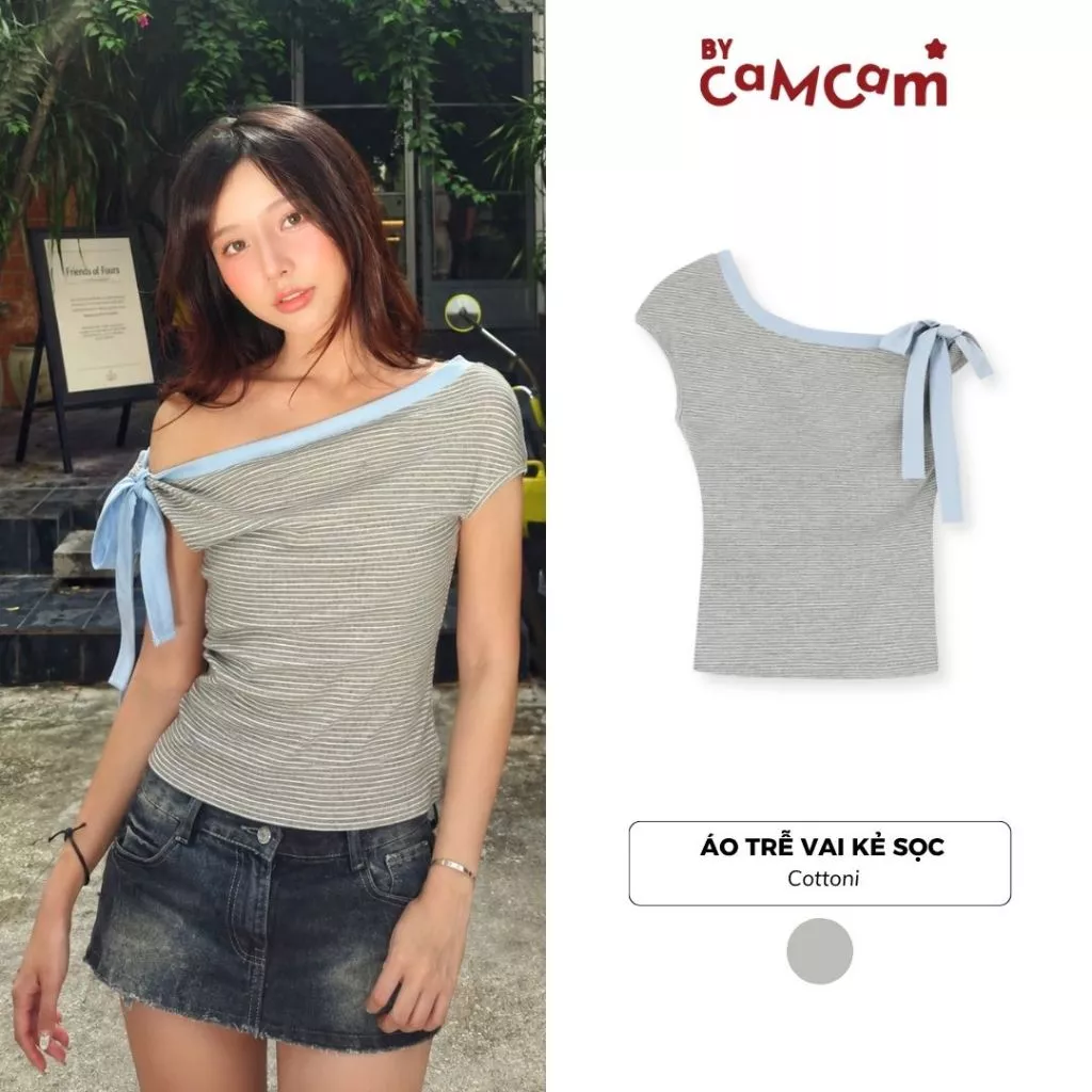 Áo Trễ Vai Kẻ Sọc 𝑩𝒚𝒄𝒂𝒎𝒄𝒂𝒎 Thiết Kế Phối Dây Buộc Nơ Nữ Tính Phong Cách Hàn Quốc AKN030
