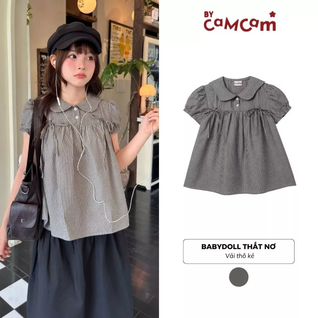 Áo Sơ Mi Babydoll 𝑩𝒚𝒄𝒂𝒎𝒄𝒂𝒎 Tay Bồng Có Nhún Buộc Nơ Nữ Tính AMN018