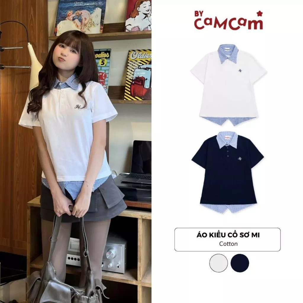 Áo Kiểu Nữ Phối Sơ Mi Caro 𝑩𝒚𝒄𝒂𝒎𝒄𝒂𝒎 Ngắn Tay Tôn Dáng Nữ Tính Hàn Quốc AKN005
