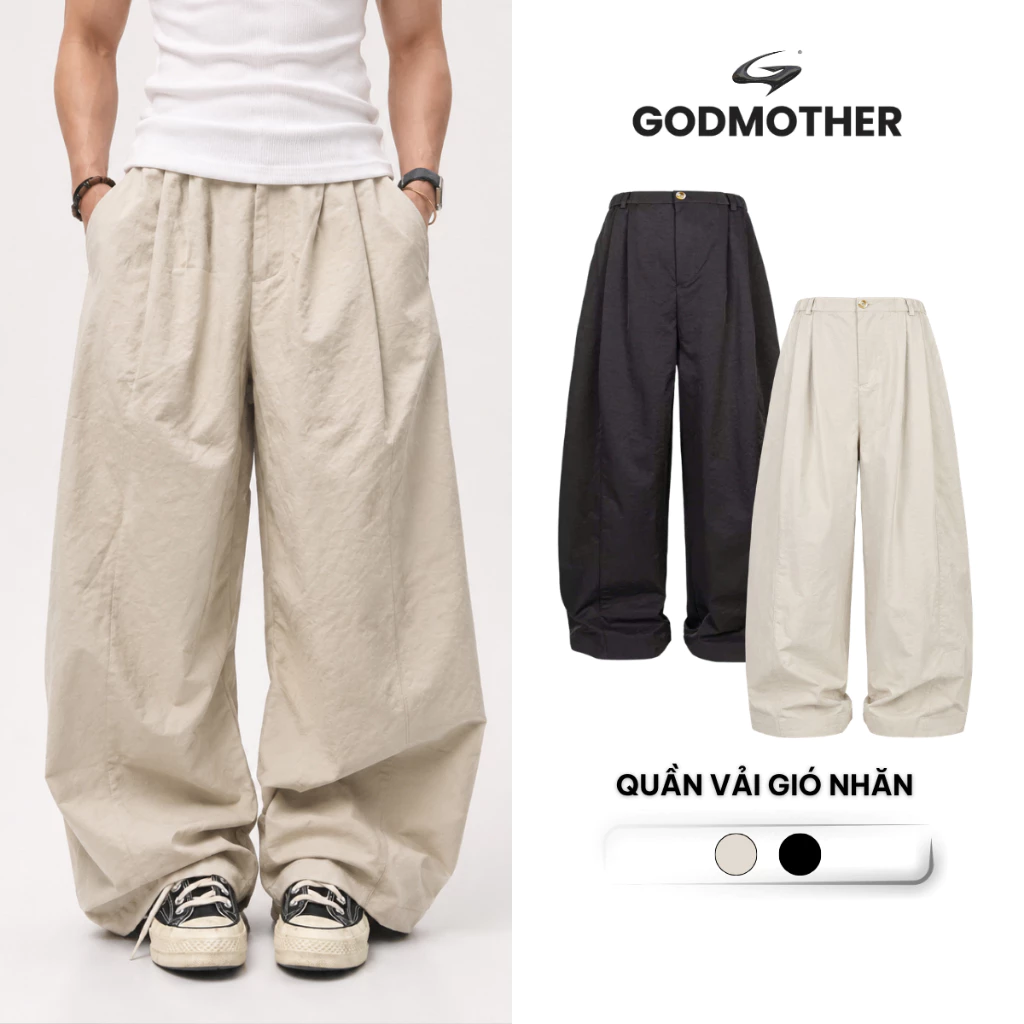 Quần Dài Vải Gió Nhăn Form Ống Rộng GODMOTHER Quần Dài Ống Rộng Vải Gió Nhăn Basic Street Style