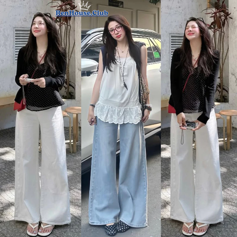 Quần Jeans Nữ Ống Rộng Renhose Màu Trắng,Quần bò Ống Suông Ver1 CalemClubb lưng cao ống rộng màu Trắng RETRO mài Ulzzang