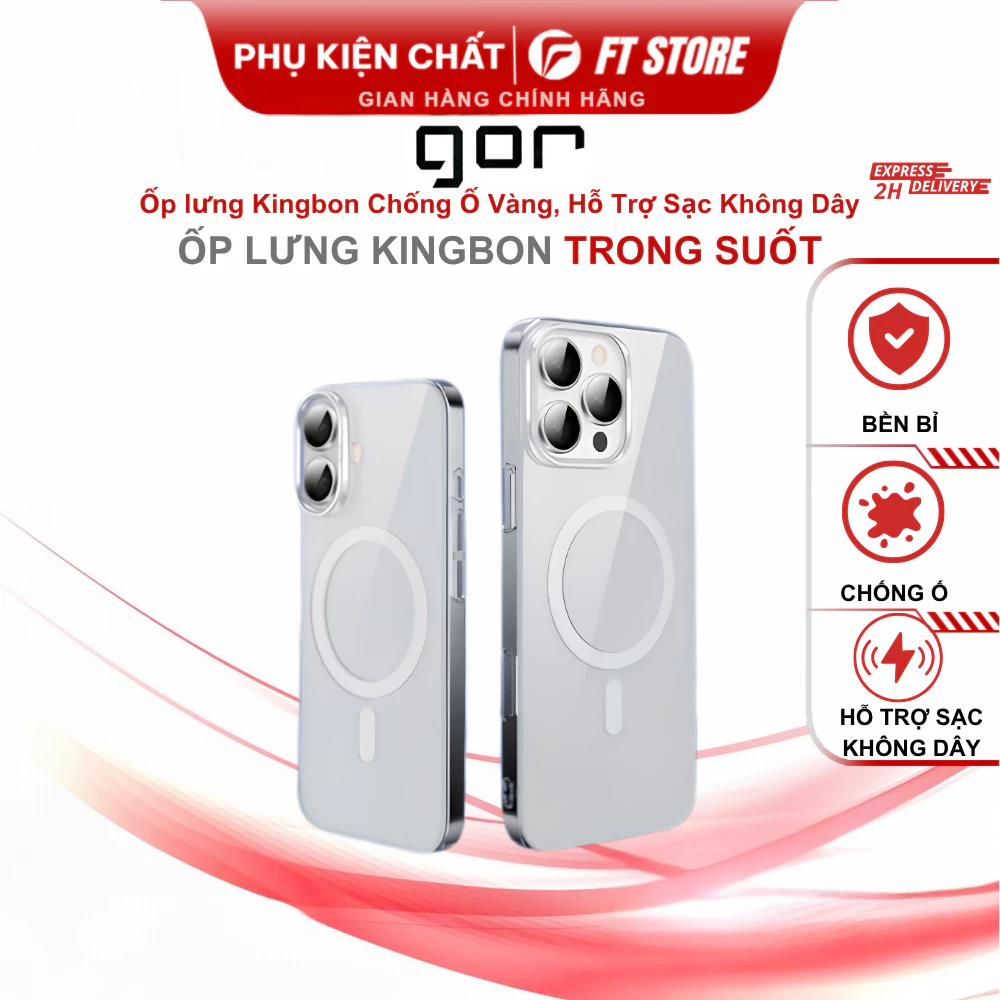 Ốp Lưng KiNGBON Trong Suốt Chống Ố Vàng, Lưng Cứng Viền Dẻo, Hỗ Trợ Sạc Không Dây