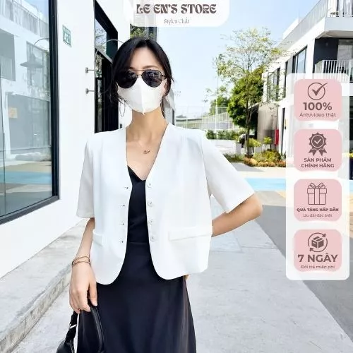 Áo blazer lửng tay ngắn cổ V chất xước hàn cao cấp, áo khoác nữ công sở thanh lịch sang chảnh
