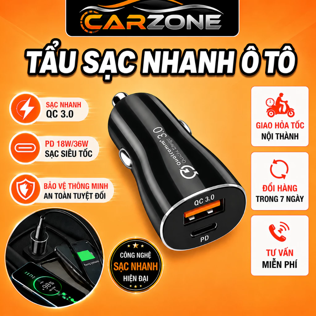Tẩu Sạc Nhanh Ô Tô Hỗ Trợ QC – PD, PD 18W - 36W Và Cổng USB QC 3.0 Sạc Nhanh CARZONE