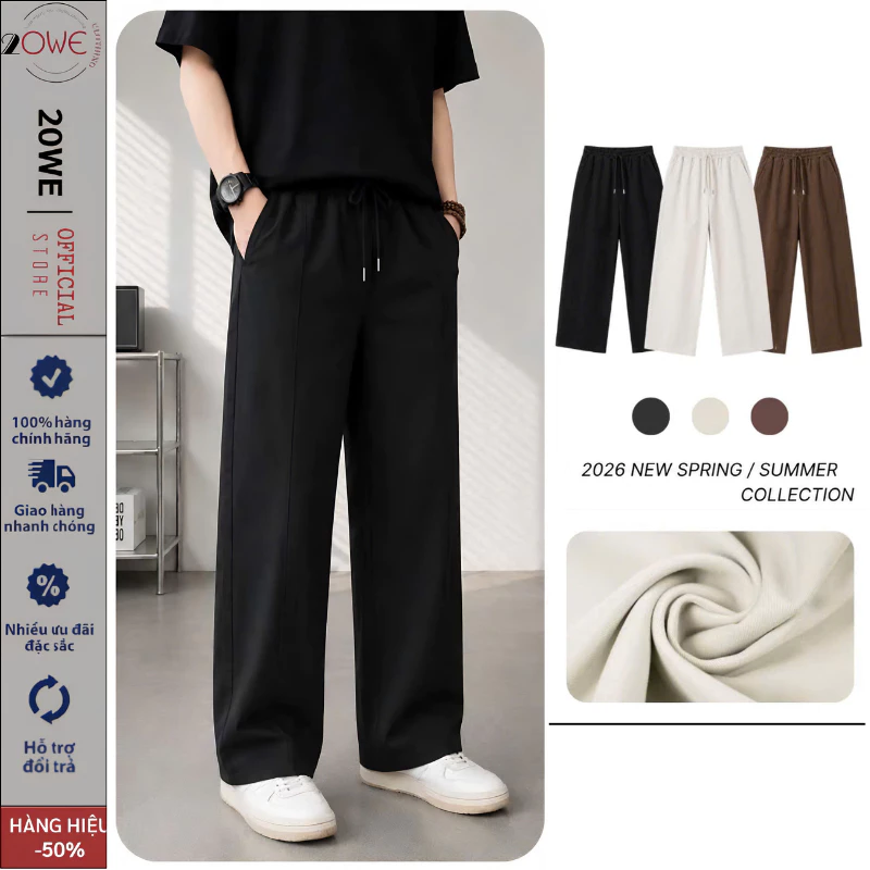 Quần nam Đen ống rộng Xếp Ly ZONEF dáng cong nhẹ, cạp chun dây rút 3 màu đen,be,kem chất kaki mềm mịn dáng hàn quốc
