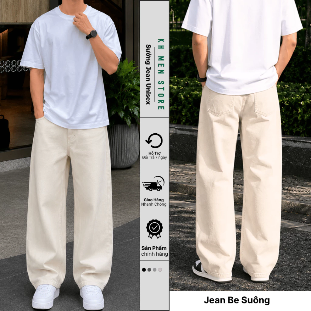 Quần jean nam ống suông rộng KH.MEN màu be kem basic form dáng hàn quốc chất liệu dầy dặn cao cấp
