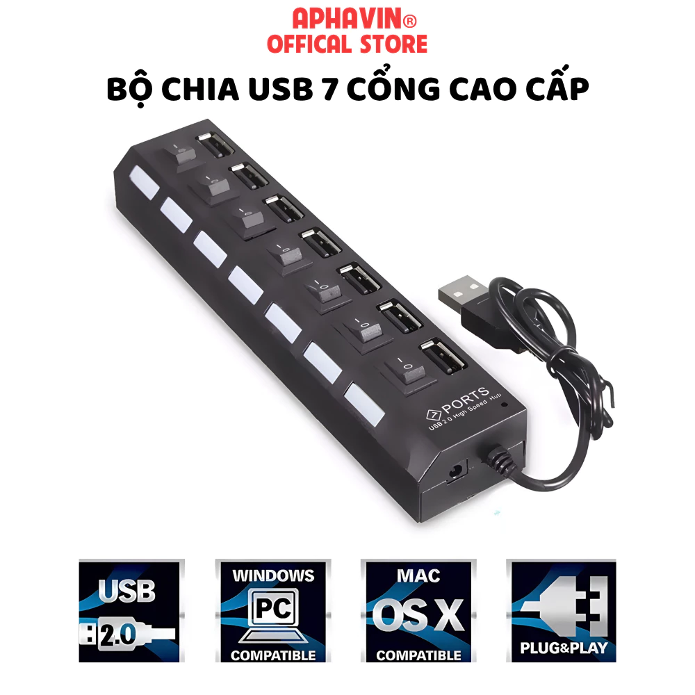 ub USB 2.0 7 Cổng Có Công Tắc Riêng - Bộ Chia Cổng USB 1 Ra 7 Tốc Độ 480Mbps Hỗ Trợ Ổ Cứng Di Động Cho Máy Tính Laptop