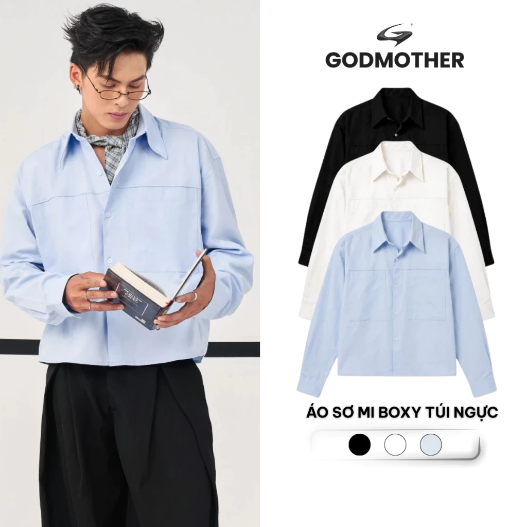 Áo Sơ Mi Boxy Túi Ngực GODMOTHER Áo Sơ Mi Dài Tay Cổ Bẻ Có Túi Áo Phong Cách Casual