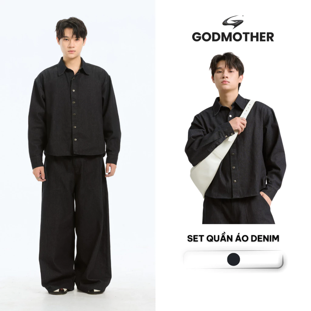 Set Denim Trơn Unisex Form Rộng GODMOTHER Đồ Bộ Raw Denim (Áo Khoác Và Quần) Phong Cách Hàn Quốc Unisex