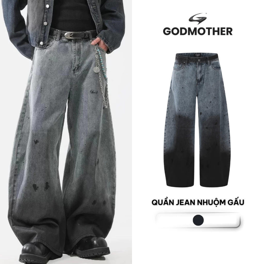 Quần Jean Ống Bí Nhuộm Gấu GODMOTHER Quần Jean Ống Rộng Retro Nhuộm Gấu Phong Cách Unisex Cá Tính