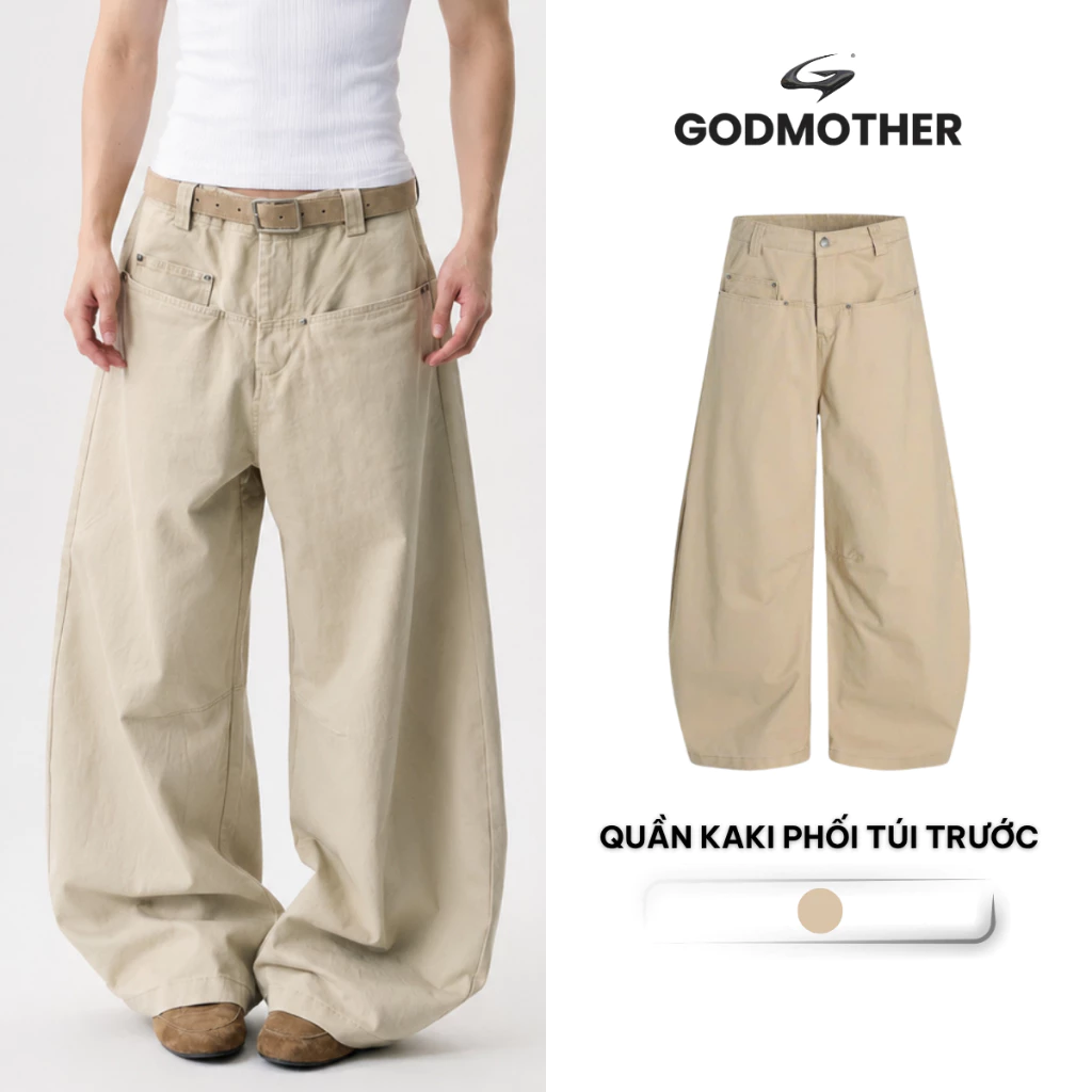 Quần Kaki Ống Rộng Phối Túi Trước GODMOTHER Phong Cách Trẻ Trung Năng Động Nam Nữ Unisex