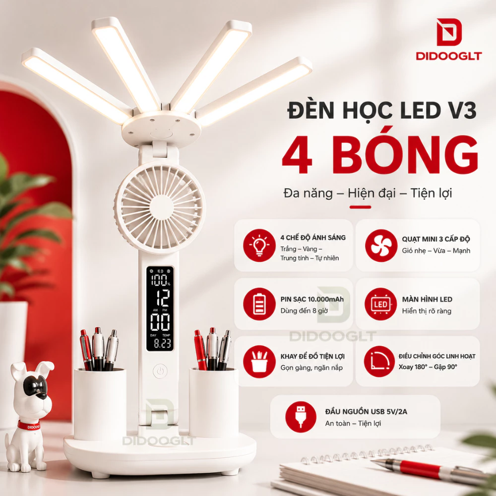 Đèn Học Để Bàn Tích Điện 8 Giờ PIN 10.000mAh Đèn Cảm Ứng 4 Thanh LED 3 Chế Độ Sáng Chống Cận