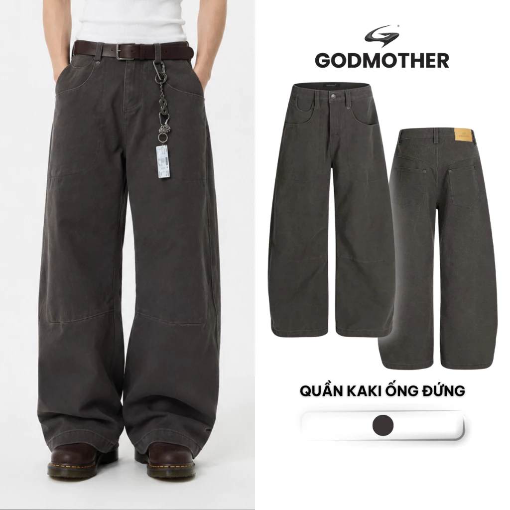 Quần Ống Đứng GODMOTHER Quần Ghi Xám Vải Kaki Phong Cách Đường Phố Trẻ Trung