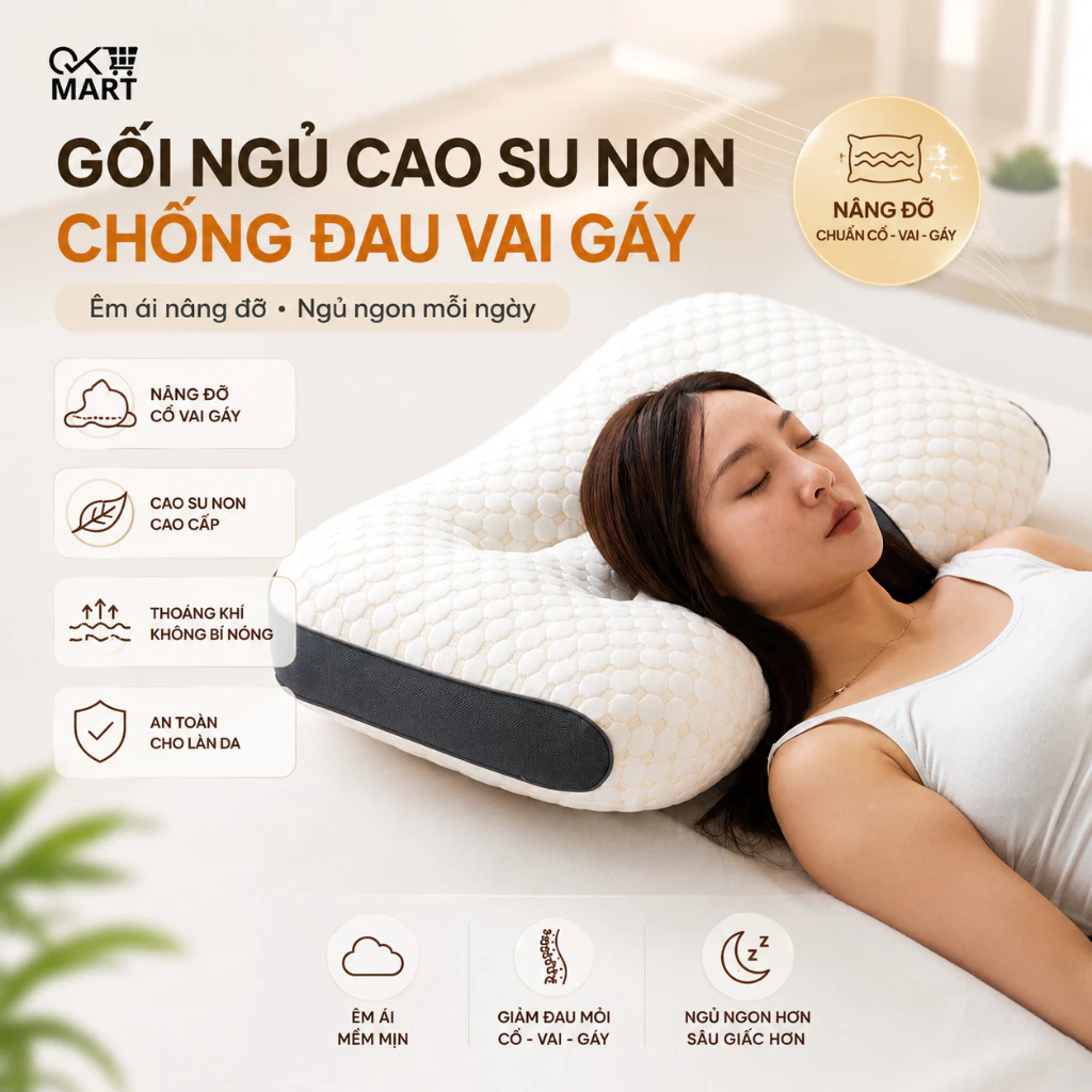 Gối Công Thái Học Chống Đau Cổ Vai Gáy, Gối Ngủ Cao Su Non Hỗ Trợ Cổ Vai Gáy