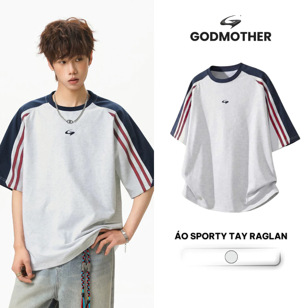 Áo Thun Cộc Tay Phối Kẻ Cổ Tròn GODMOTHER T-shirt Sporty Tay Raglan Phong Cách Thể Thao Basic Unisex Mùa Hè 2026