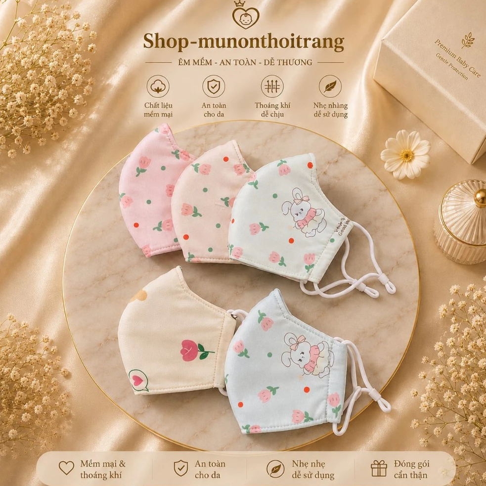 Khẩu trang vải cho bé gái  4 đến 10 tuổi nhiều màu 3 lớp