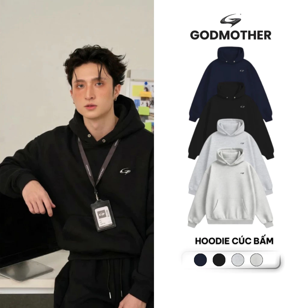 Áo Hoodie Cúc Bấm Form Lửng GODMOTHER 2025 Trơn Đính Logo Kim Loại Form Rộng