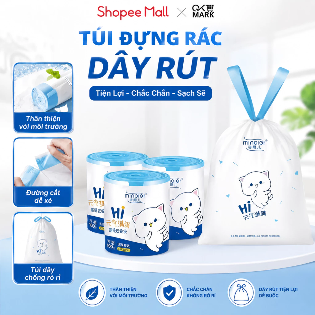 Combo 3 Túi Đựng Rác DIDOOGLT Có Dây Rút Cuộn 100 Túi Siêu Dai Thân Thiện Với Môi Trường