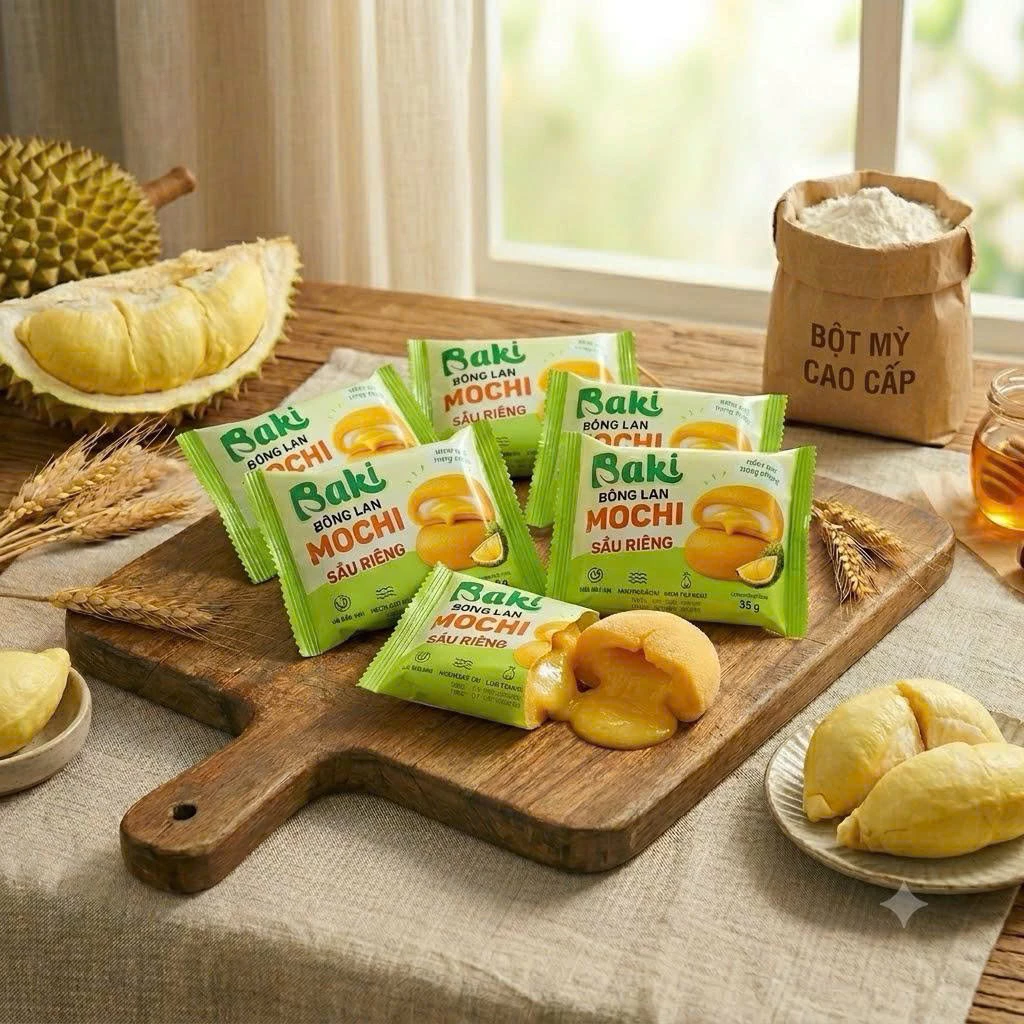 Bánh bông lan mochi sầu riêng thơm ngon dinh dưỡng healthy, ăn vặt bữa phụ Baki Food-bánh kẹo A Leaf Foods