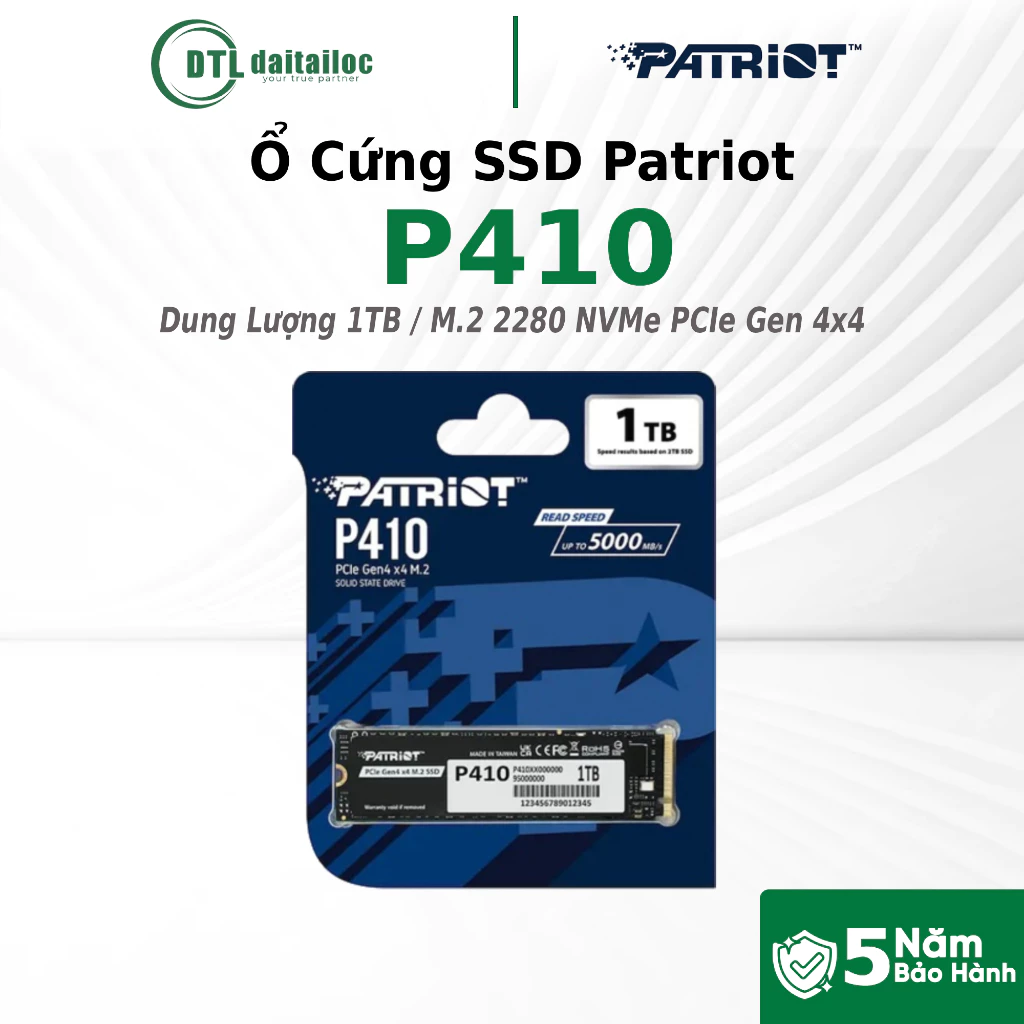 Ổ cứng SSD Patriot P410 1TB M.2 2280 NVMe PCIe Gen4 x4 (Đọc 5000MB/s Ghi 4500MB/s) | Chính Hãng | Bảo Hành 60 Tháng