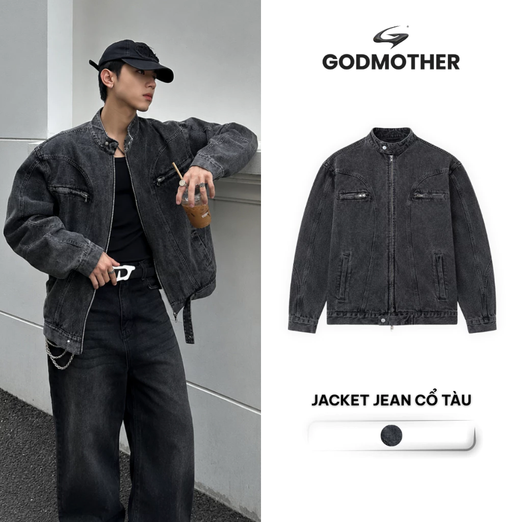 Áo Khoác Jacket Jean GODMOTHER Form Rộng Áo Khoác Denim Cổ Tàu Basic Phối Khoá Kéo Ngực Menswear