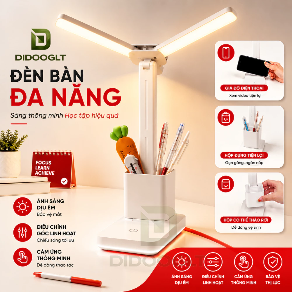 Đèn Học Chống Cận Thị - Đèn Để Bàn Tích Điện Cảm Ứng 3 Chế Độ Bảo Vệ Mắt Didooglt