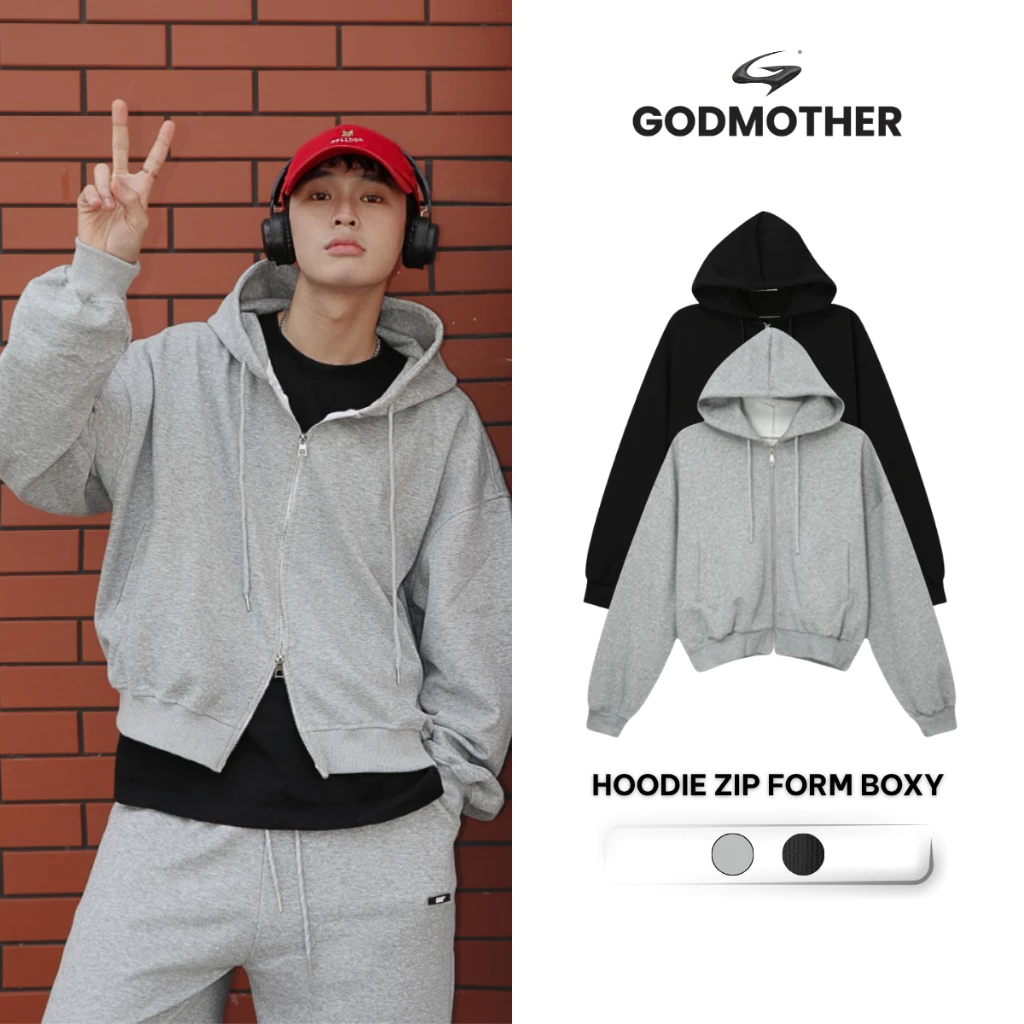 Hoodie Zip Form Boxy GODMOTHER Nỉ 2 Da Khóa 2 Đầu Chống Nắng Unisex Phong Cách Hàn Quốc Đen - Xám