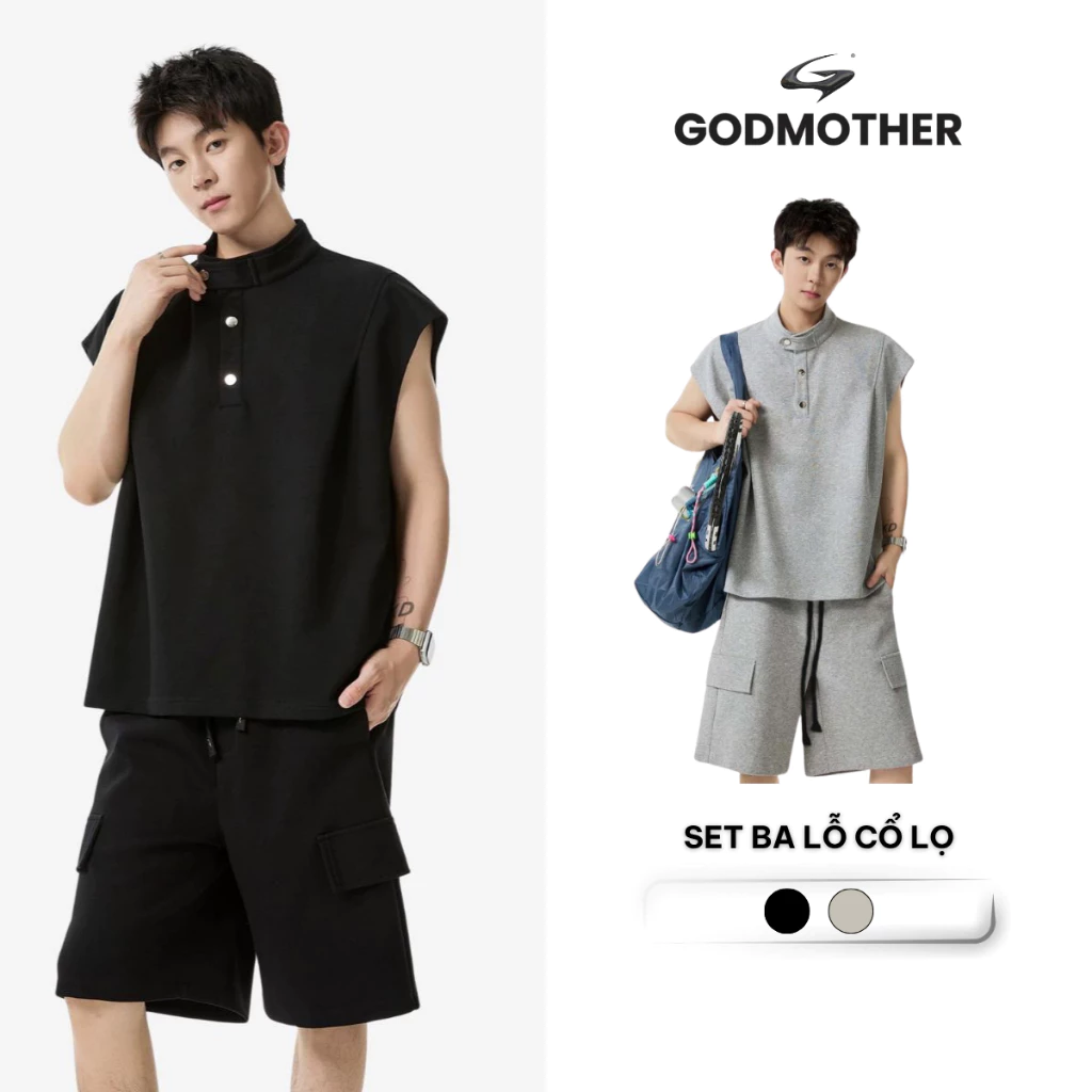 Set Đồ Nam GODMOTHER Đồ Bộ Nam Tank Top HipHop Rộng Vai Cài Cúc Quần Đùi Phối Túi Trước Unisex