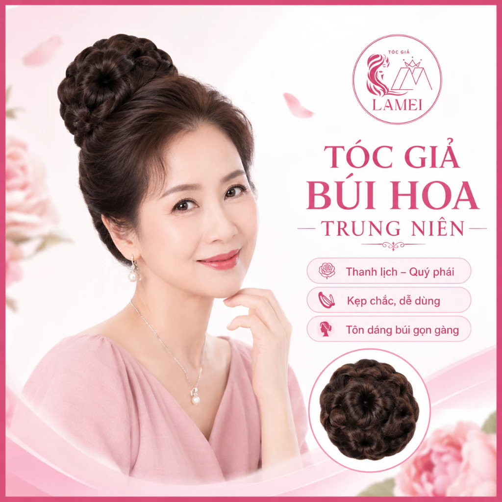 Tóc Giả Búi Hoa Trung Niên Cao Cấp Lamei