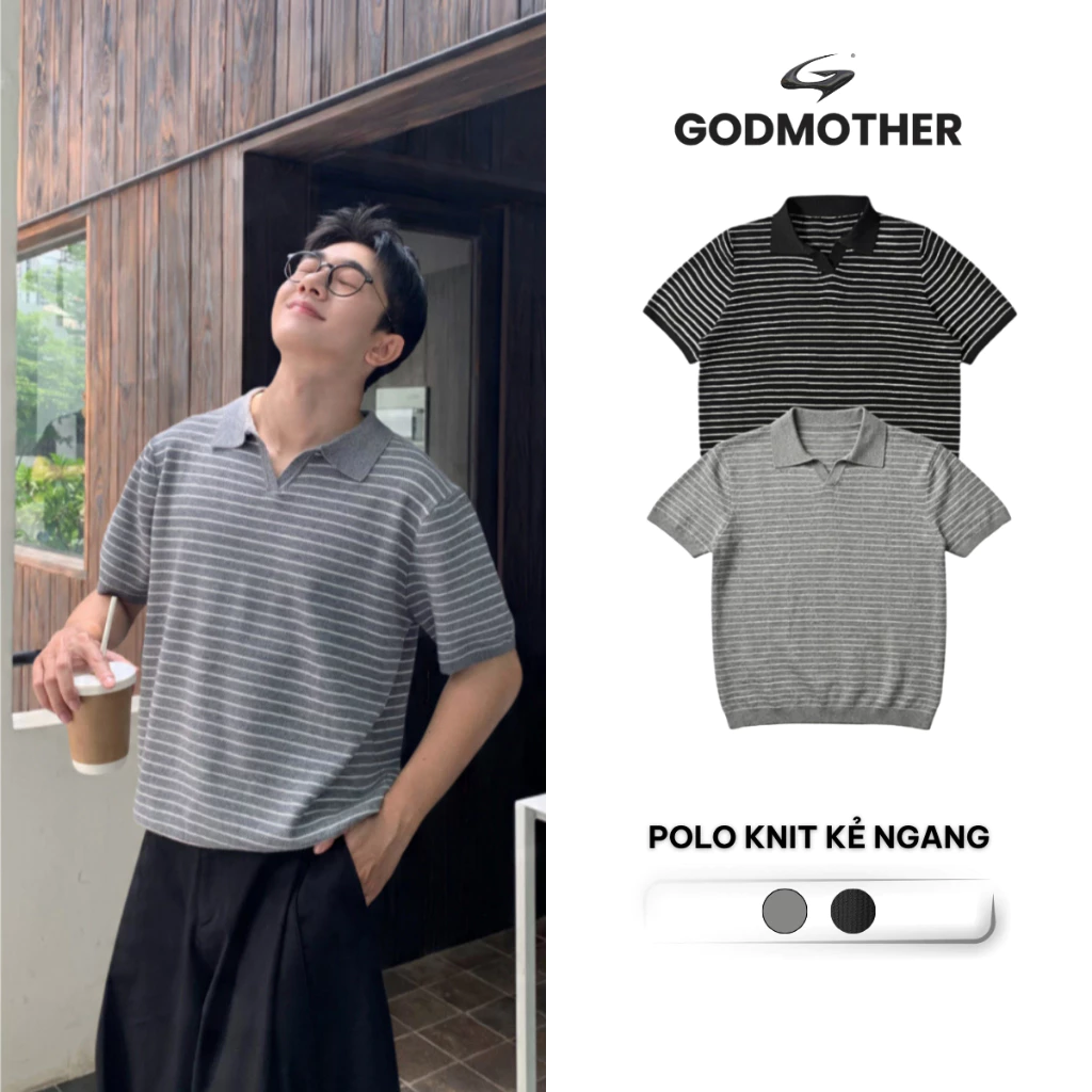 Áo Polo Knit Kẻ Ngang GODMOTHER Áo Len Dệt Kim Kẻ Form Rộng Cổ Bẻ Chất Liệu Thoáng Mát Phong Cách Basic
