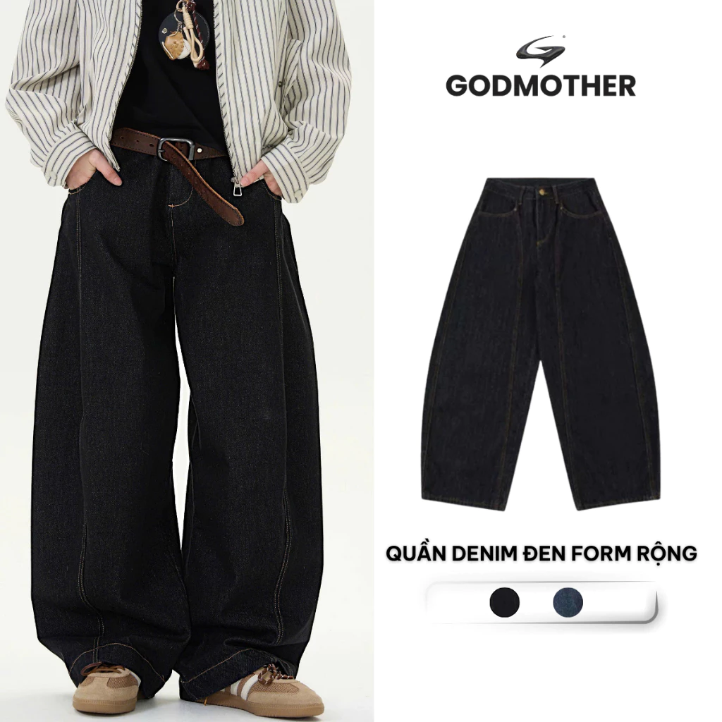 Quần Denim Đen Form Rộng GODMOTHER Quần Jean Cotton Ống Rộng Form Thụng Nam Nữ Unisex
