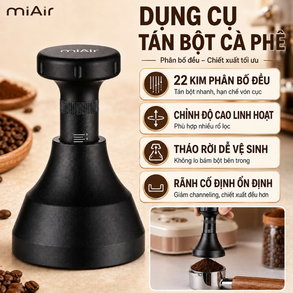 miAir Dụng Cụ Đánh Tơi Cà Phê WDT Tool 51mm / 58mm Chỉnh Được Độ Sâu Inox 304 Giảm Hiệu Ứng Kênh Lưu Cho Máy Pha Cà Phê