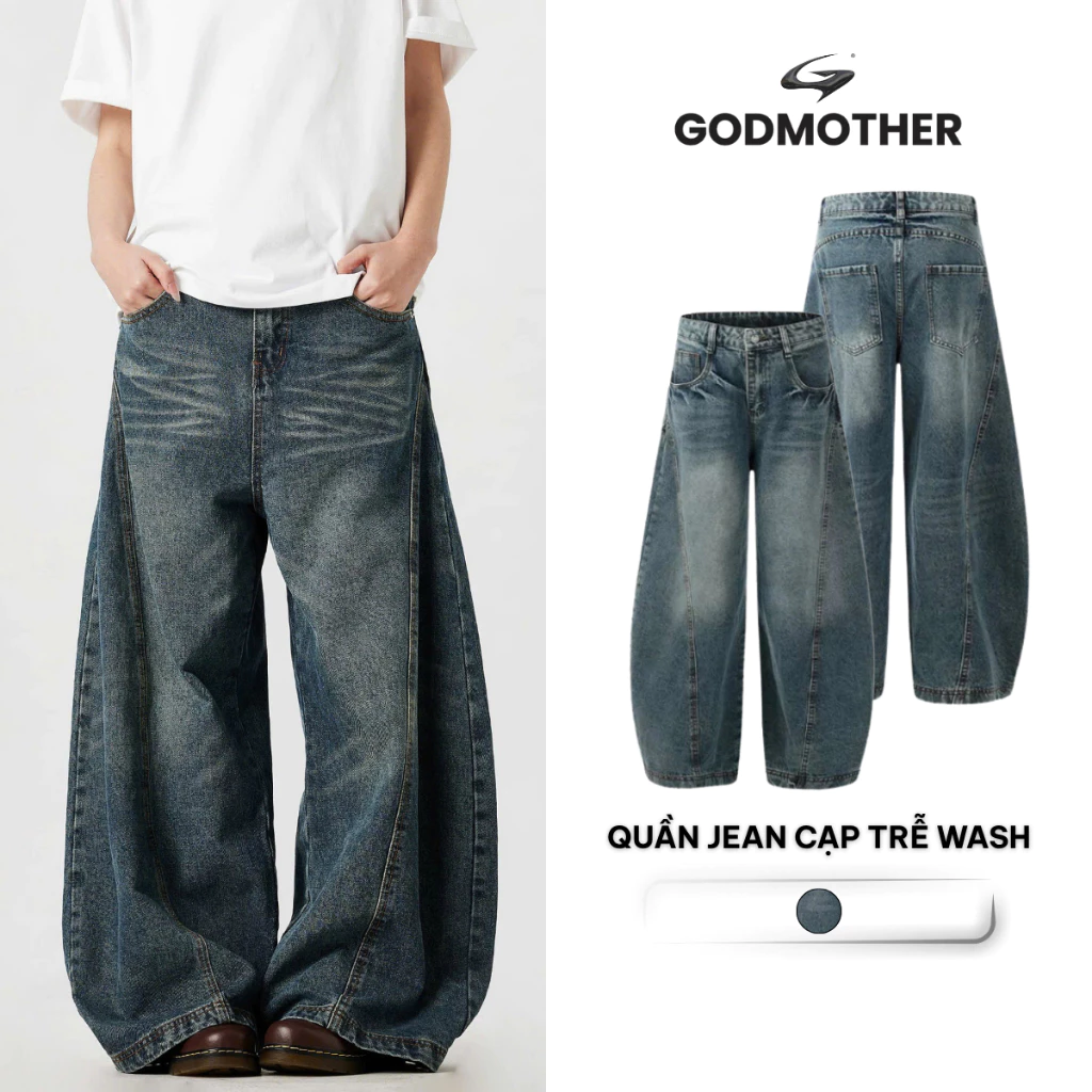Quần Jean Cạp Trễ Wash GODMOTHER Quần Denim Ống Rộng Xanh Wash Đường Phố Hàn Quốc Phong Cách Unisex