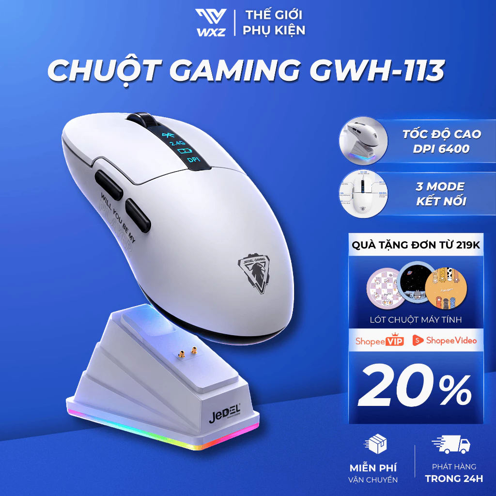 Chuột Gaming JEDEL GWH-113 Không Dây 3 Mode Kết Nối 6400DPI, Dock Sạc Từ LED RGB, Cảm Biến PAW3395