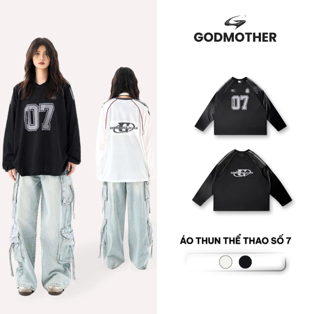 Áo Thun Thể Thao Dài Tay Số 7 GODMOTHER Áo Phối Tay Bóng Unisex Form Rộng Phong Cách Mỹ Hip Hop