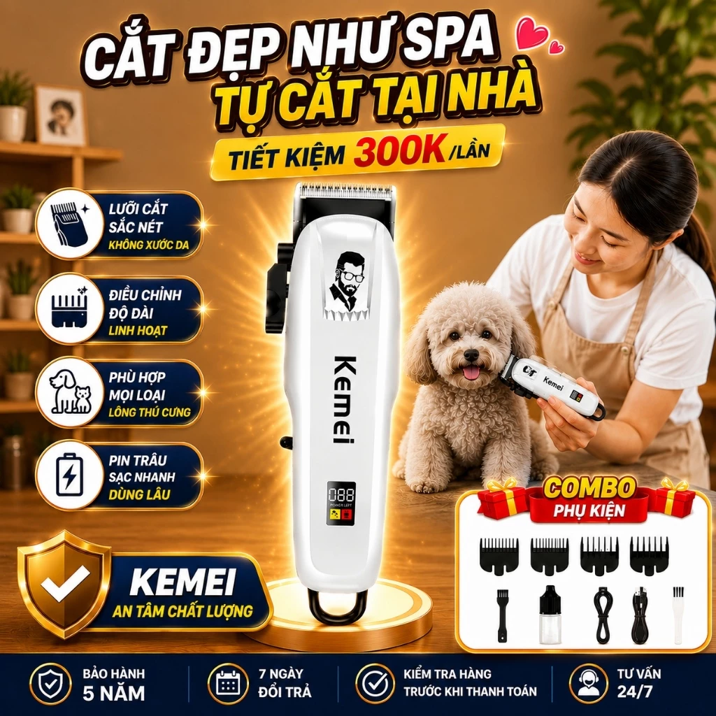 Tông Đơ Cắt Lông Thú Cưng Không Dây Kemei 809APG Cắt Êm, Không Rối, An Toàn Cho Chó Mèo Tại Nhà