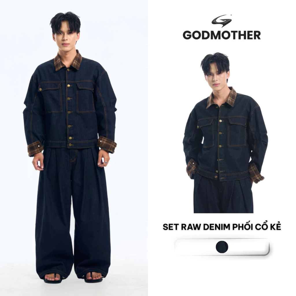 Set Raw Denim Phối Cổ Kẻ Nâu GODMOTHER Đồ Bộ Raw Denim (Áo Khoác Và Quần) Phong Cách Hàn Quốc Unisex