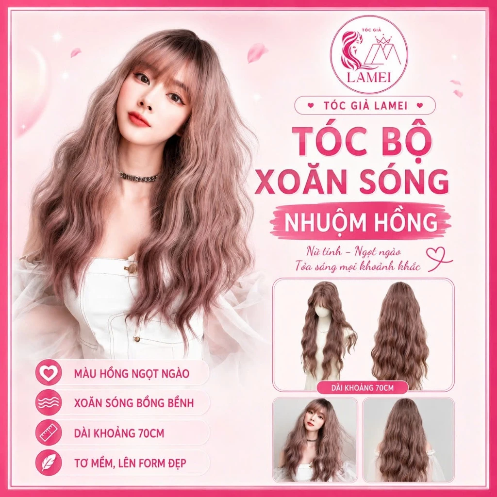 Tóc Giả Nữ Nguyên Đầu Dáng Xù Hồng Tím Có Mái Cao Cấp,Chất Liệu Tự Nhiên Mềm Mượt 8322