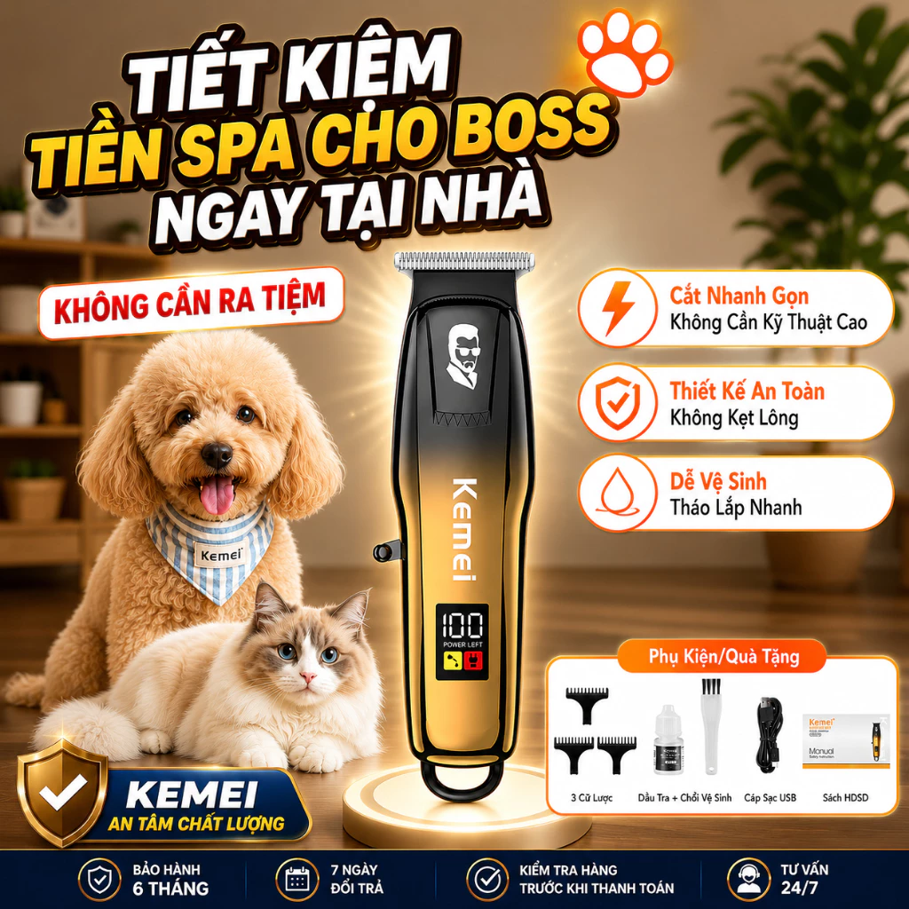 Tông Đơ Cắt Lông Thú Cưng Kemei J03 Động Cơ Êm, Sắc Bén Tông Đơ Cắt Lông Chó Mèo Pin Trâu, An Toàn