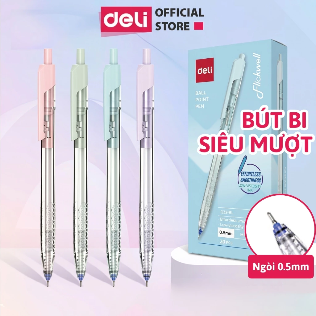 Combo 5/10/20 Bút Bi Deli EQ32 Ngòi 0.5mm Nét Thanh Mảnh Màu Pastel Cho Học Sinh Sinh Viên Văn Phòng