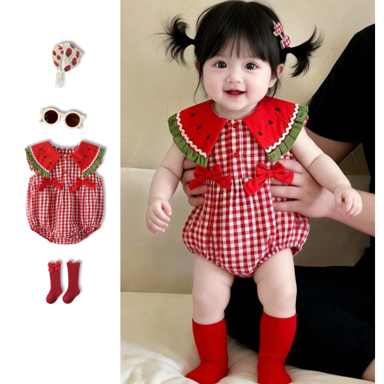 Cô gái sơ sinh mùa hè bông tay ngắn onesie cổ áo dưa nước đỏ Plaid Jumpsuit 0-24 M