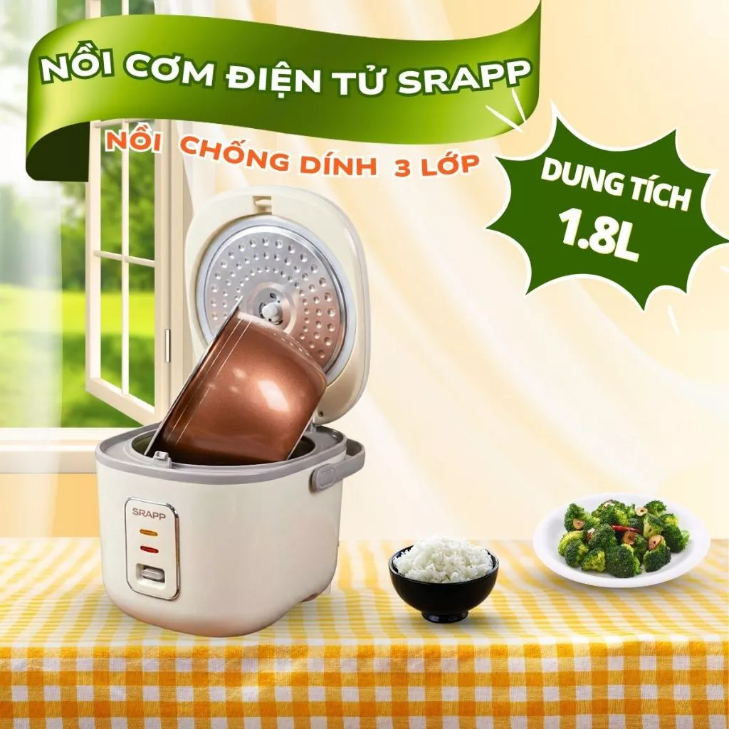 Nồi cơm điện tử SRAPP SH-198 công suất 700W, dung tích 1.8L lòng nồi chống dính giữ nhiệt lâu BH12T